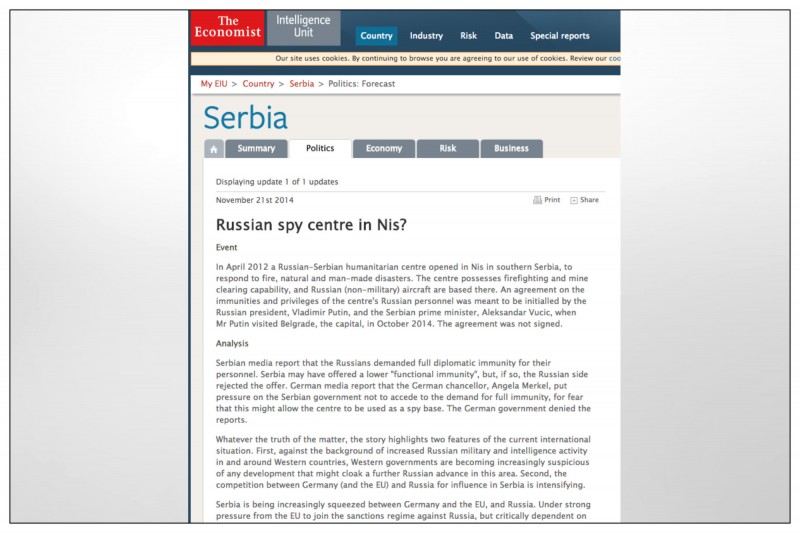 z depeša Vikiliksa videlo se da je rusko-srpski centar godinama u fokusu američke pažnje. Zabrinutost počiva na tri premise: jača se rusko vojno prisustvo na Balkanu; Centar poseduje potencijal da se pretvori u pravu vojnu bazu; lociran je na samo sat vožnje od baze Bondstil, što Moskvi omogućava da špijunira Amerikance na Kosovu, u Rumuniji i u Bugarskoj.